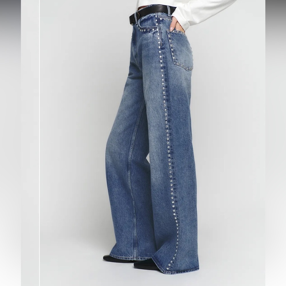 NWT Reformation Cary High Rise Slouchy Wide Leg Jeans Chesapeake Studded Blue - Picture 4 of 6